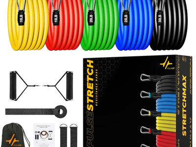 PulseIT PulseStretch Resistance Bands Set – 11 Pcs | 5 Color-Coded Levels | Foam Handles & Ankle Strap | Door Anchor & Carry Bag | Full-Body Home Workout | Men & Women