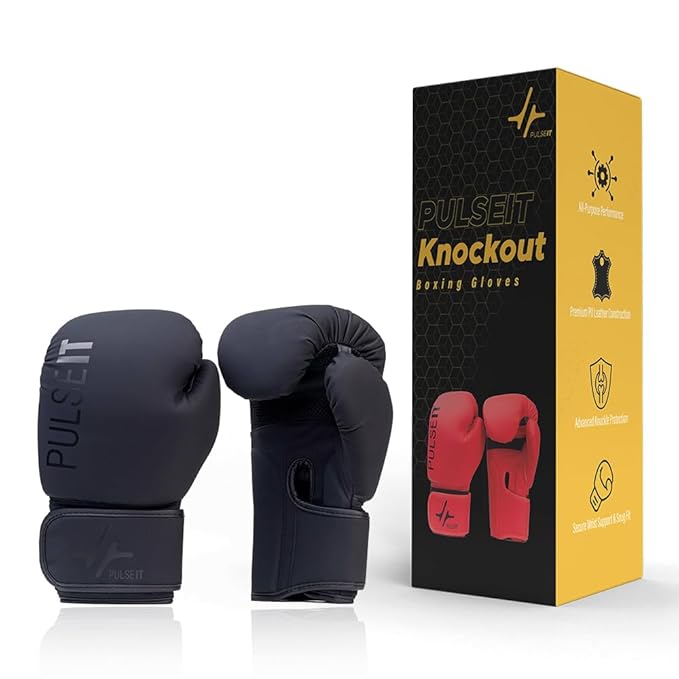 PulseIT Knockout Boxing Gloves – Premium PU Leather | Triple-Density Foam Protection | Thumb Lock & Full Wrist Wrap | Kickboxing, Muay Thai & MMA | Men & Women