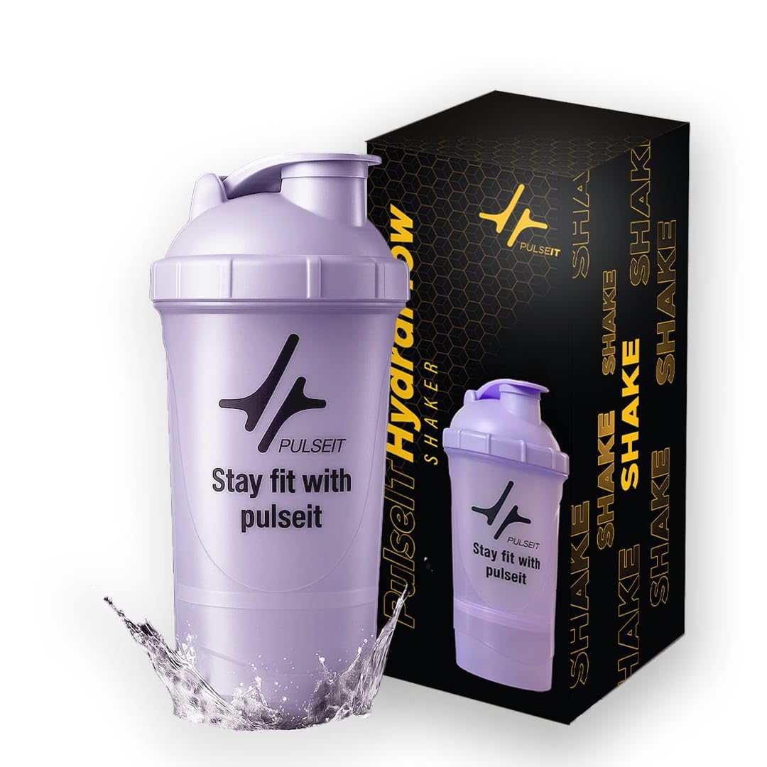 Pulseit Protein Shaker Bottle 500ml – Gym Shaker with 2 Storage Compartments for Supplements & Pills | BPA-Free, Leak-Proof & Durable Pre Workout Bottle | Ideal for Fitness, Workout & Sports (Purple)