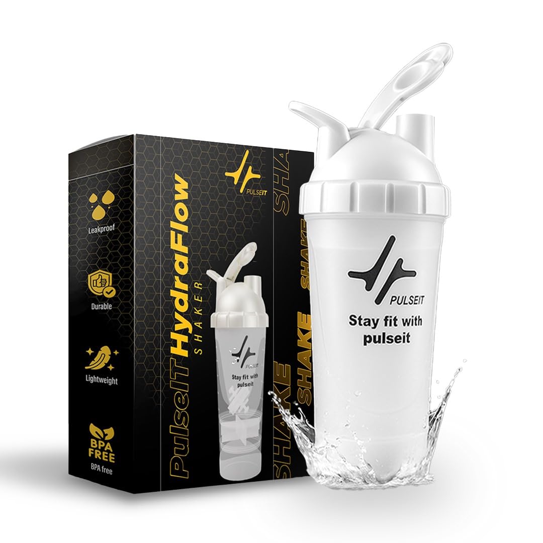 Pulseit Protein Shaker Bottle 500ml – Gym Shaker with 2 Storage Compartments for Supplements & Pills | BPA-Free, Leak-Proof & Durable Pre Workout Bottle | Ideal for Fitness, Workout & Sports (White)
