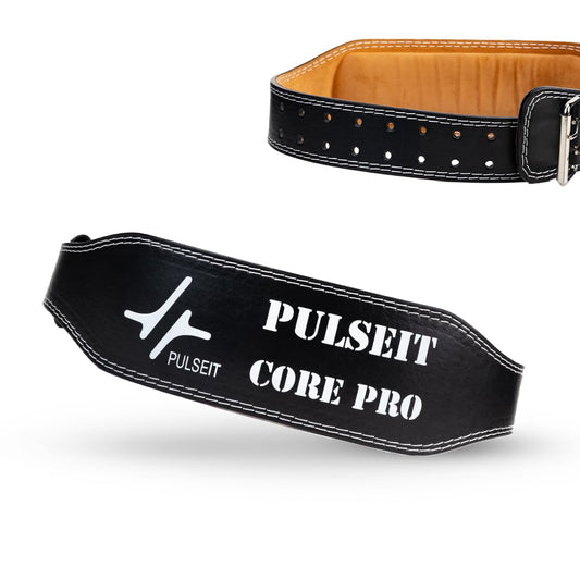 PulseIT LiftPro Gym Belt Suede Lining for Men & Women. Leather Weightlifting Belt for Deadlift, Squat & Powerlifting. Adjustable Back Support Belt with Buckle for Workout & Gym Training (Black,L-XL)
