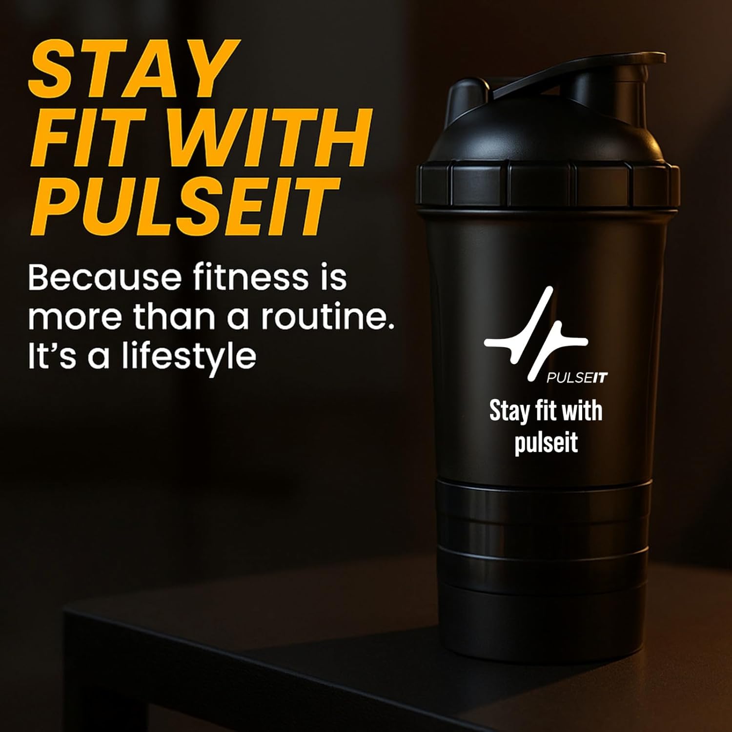 Pulseit Protein Shaker Bottle 500ml – Gym Shaker with 2 Storage Compartments for Supplements & Pills | BPA-Free, Leak-Proof & Durable Pre Workout Bottle | Ideal for Fitness, Workout & Sports (Black)