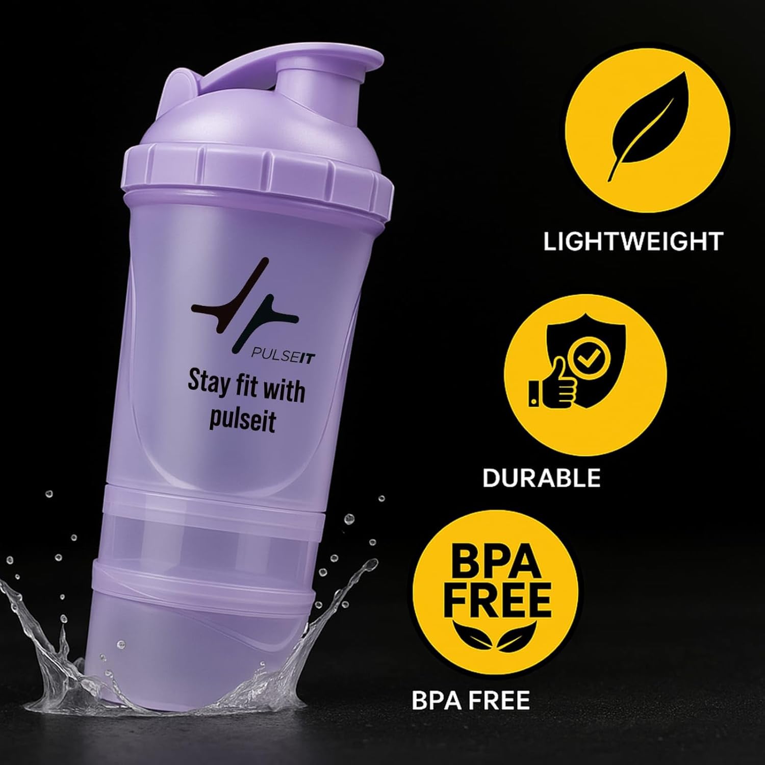 Pulseit Protein Shaker Bottle 500ml – Gym Shaker with 2 Storage Compartments for Supplements & Pills | BPA-Free, Leak-Proof & Durable Pre Workout Bottle | Ideal for Fitness, Workout & Sports (Purple)