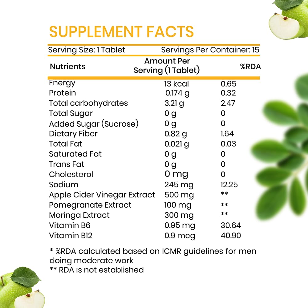 Pulseit ACV Moringa Effervescent Tablets | Apple Cider Vinegar, Moringa, Vitamins B6 & B12 | Green Apple | 60 Tablets