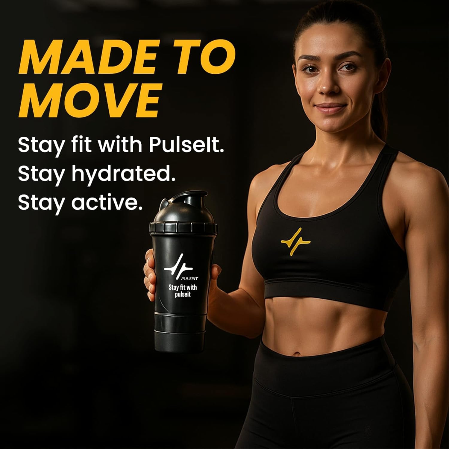 Pulseit Protein Shaker Bottle 500ml – Gym Shaker with 2 Storage Compartments for Supplements & Pills | BPA-Free, Leak-Proof & Durable Pre Workout Bottle | Ideal for Fitness, Workout & Sports (Black)