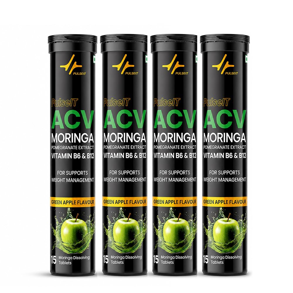 Pulseit ACV Moringa Effervescent Tablets | Apple Cider Vinegar, Moringa, Vitamins B6 & B12 | Green Apple | 60 Tablets