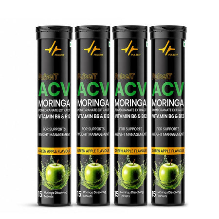 Pulseit ACV Moringa Effervescent Tablets | Apple Cider Vinegar, Moringa, Vitamins B6 & B12 | Green Apple | 60 Tablets