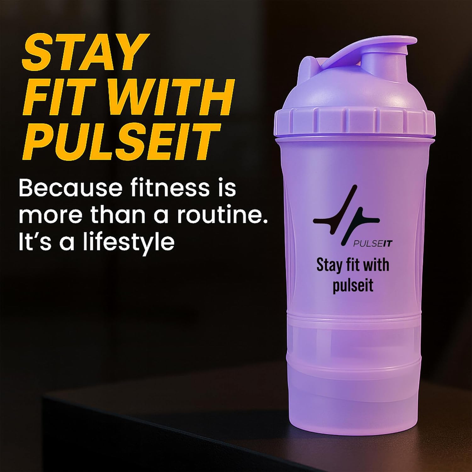 Pulseit Protein Shaker Bottle 500ml – Gym Shaker with 2 Storage Compartments for Supplements & Pills | BPA-Free, Leak-Proof & Durable Pre Workout Bottle | Ideal for Fitness, Workout & Sports (Purple)