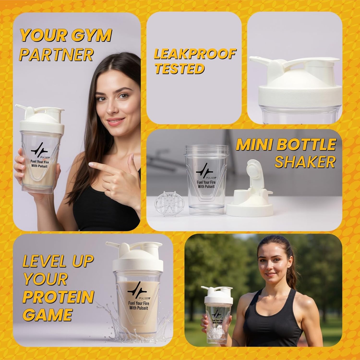 PULSEIT Shaker Blender | 100% Leak-proof, BPA-Free Blender Gym Bottle with Mixing Ball | Ideal for Whey Protein, Pre-workout, BCAA & Supplements Shakes| Plastic 400ml (White)