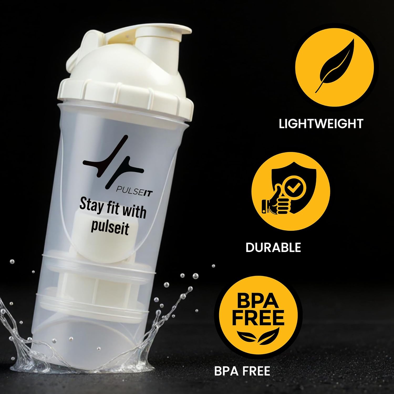 Pulseit Protein Shaker Bottle 500ml – Gym Shaker with 2 Storage Compartments for Supplements & Pills | BPA-Free, Leak-Proof & Durable Pre Workout Bottle | Ideal for Fitness, Workout & Sports (White)