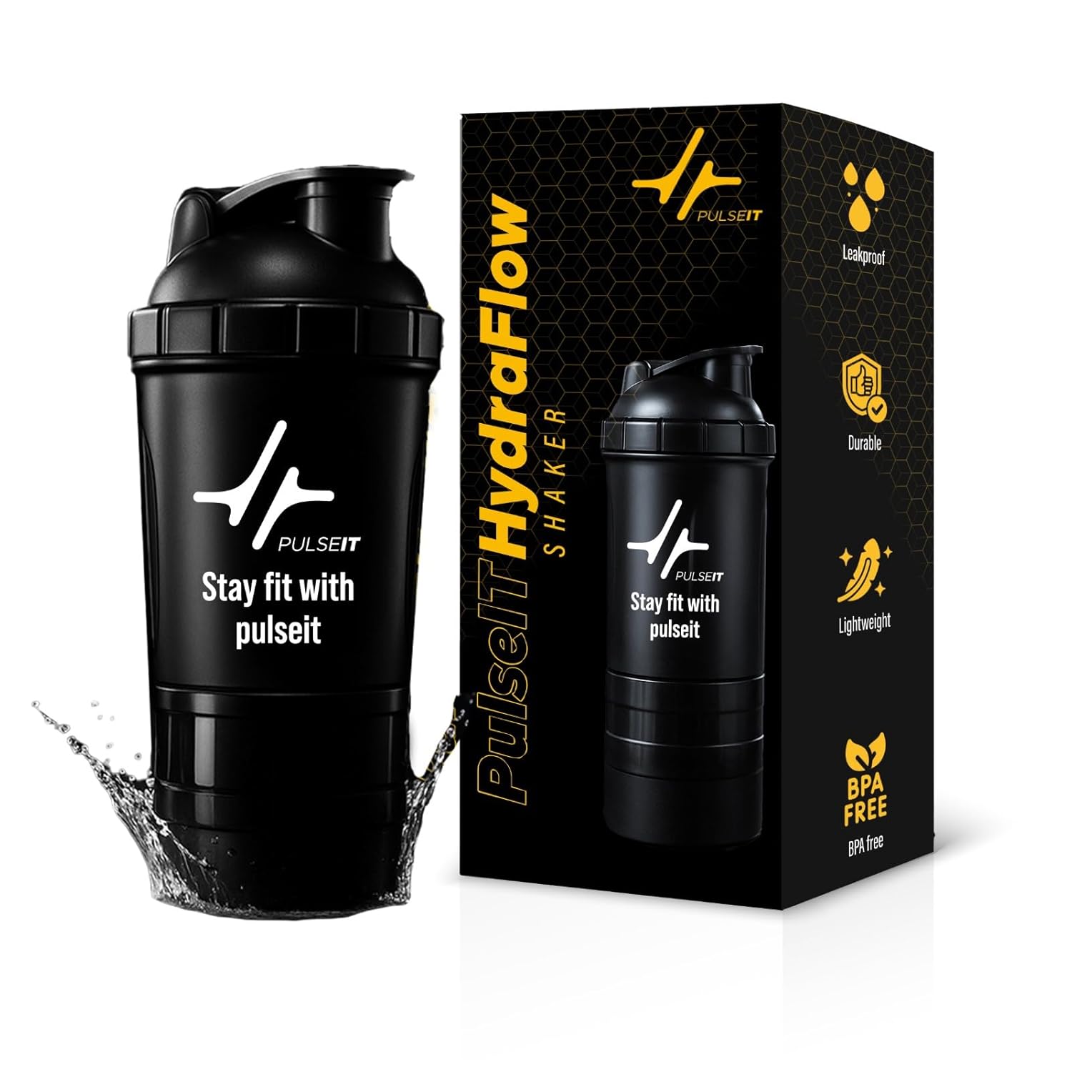 Pulseit Protein Shaker Bottle 500ml – Gym Shaker with 2 Storage Compartments for Supplements & Pills | BPA-Free, Leak-Proof & Durable Pre Workout Bottle | Ideal for Fitness, Workout & Sports (Black)