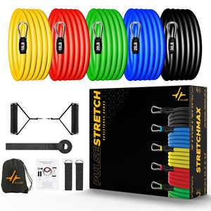 PulseIT PulseStretch Resistance Bands Set – 11 Pcs | 5 Color-Coded Levels | Foam Handles & Ankle Strap | Door Anchor & Carry Bag | Full-Body Home Workout | Men & Women