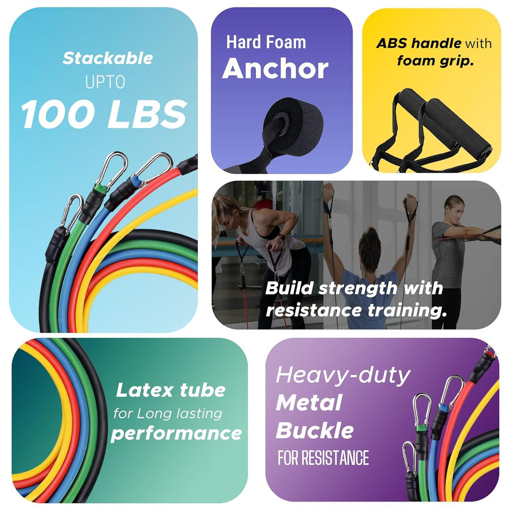 PulseIT PulseStretch Resistance Bands Set – 11 Pcs | 5 Color-Coded Levels | Foam Handles & Ankle Strap | Door Anchor & Carry Bag | Full-Body Home Workout | Men & Women