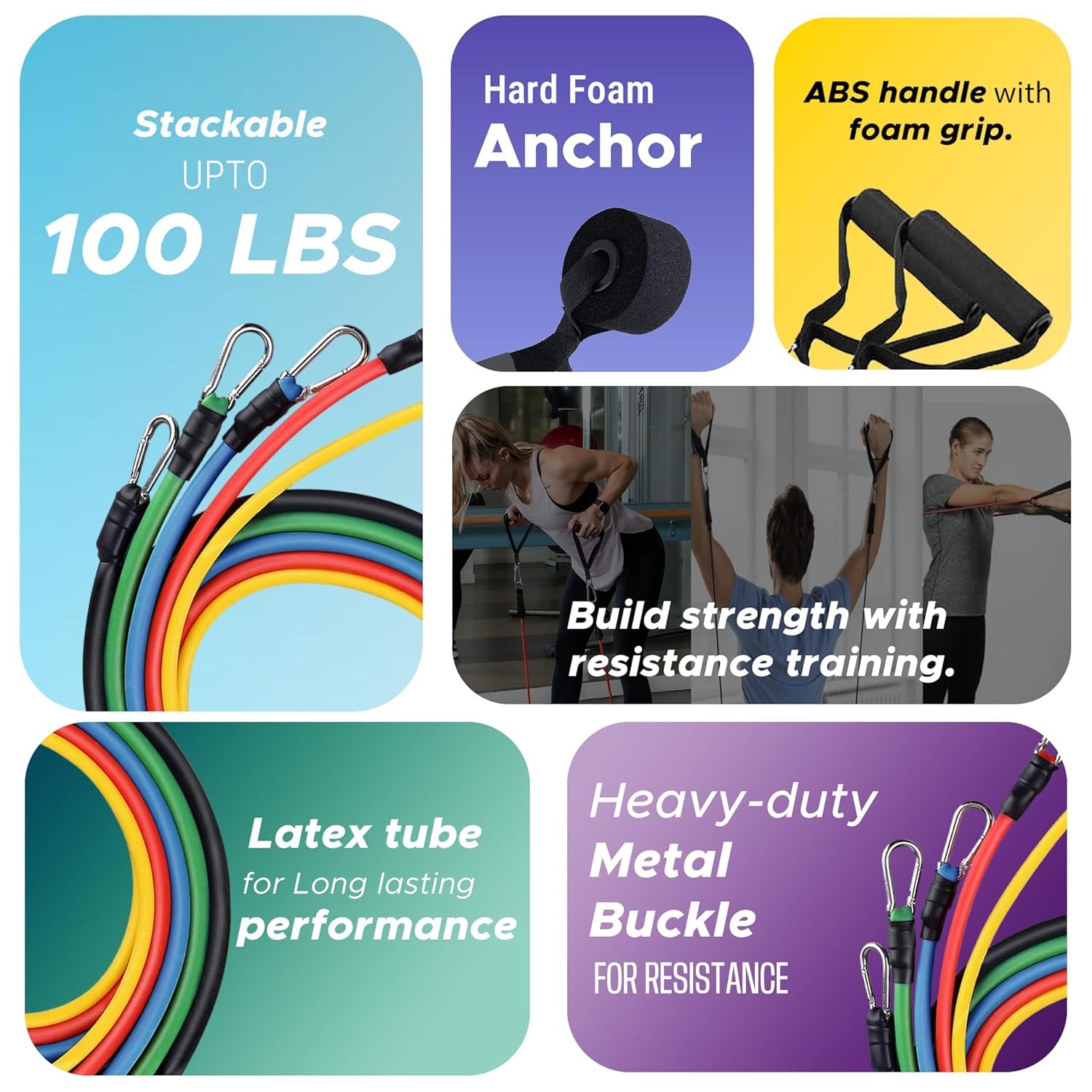 PulseIT PulseStretch Resistance Bands Set – 11 Pcs | 5 Color-Coded Levels | Foam Handles & Ankle Strap | Door Anchor & Carry Bag | Full-Body Home Workout | Men & Women