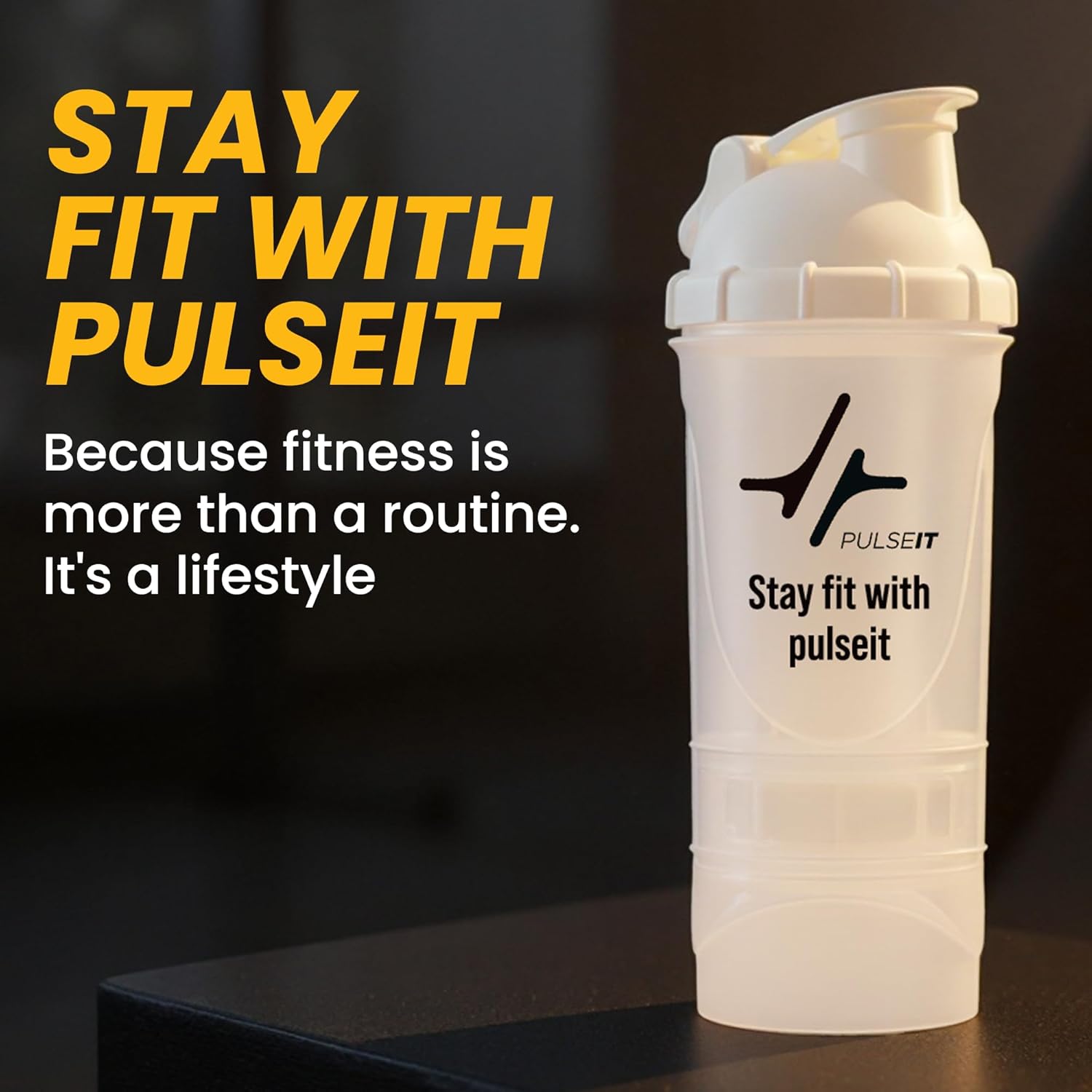 Pulseit Protein Shaker Bottle 500ml – Gym Shaker with 2 Storage Compartments for Supplements & Pills | BPA-Free, Leak-Proof & Durable Pre Workout Bottle | Ideal for Fitness, Workout & Sports (White)