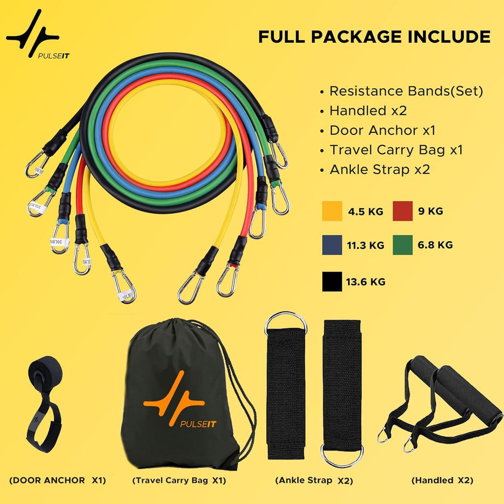 PulseIT PulseStretch Resistance Bands Set – 11 Pcs | 5 Color-Coded Levels | Foam Handles & Ankle Strap | Door Anchor & Carry Bag | Full-Body Home Workout | Men & Women