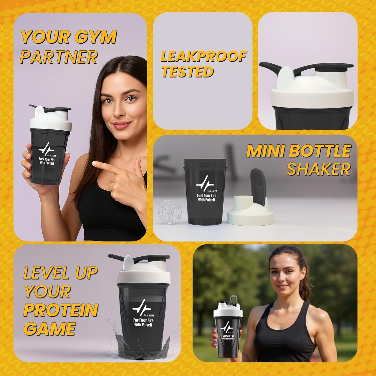 PULSEIT Shaker Blender | 100% Leak-proof, BPA-Free Blender Gym Bottle with Mixing Ball | Ideal for Whey Protein, Pre-workout, BCAA & Supplements Shakes| Plastic 400ml (Black)