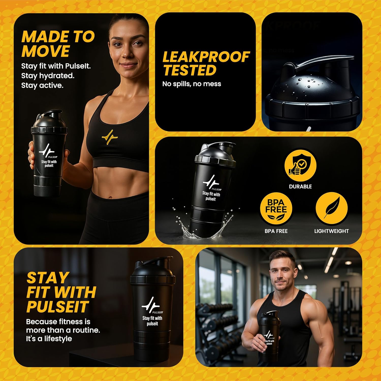 Pulseit Protein Shaker Bottle 500ml – Gym Shaker with 2 Storage Compartments for Supplements & Pills | BPA-Free, Leak-Proof & Durable Pre Workout Bottle | Ideal for Fitness, Workout & Sports (Black)