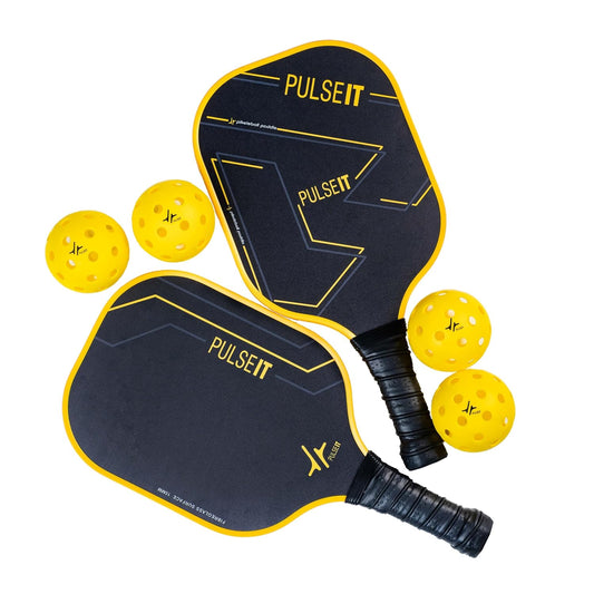 PulseIT Professional Pickleball Paddle Set, 2 Fiberglass Paddles, 4 Outdoor Pickleballs+Carry Bag | Cushion Grip Handle. Lightweight & Durable. for Beginners, Pros & All Ages (Geometric Black)