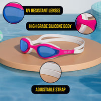 PulseIT Wave Swimming Goggles for Women & Girls – Anti-Fog, Leak-Proof & UV Protected | Wide Vision | Adjustable Strap | Includes Case & Ear Plugs | Pool & Outdoor Use